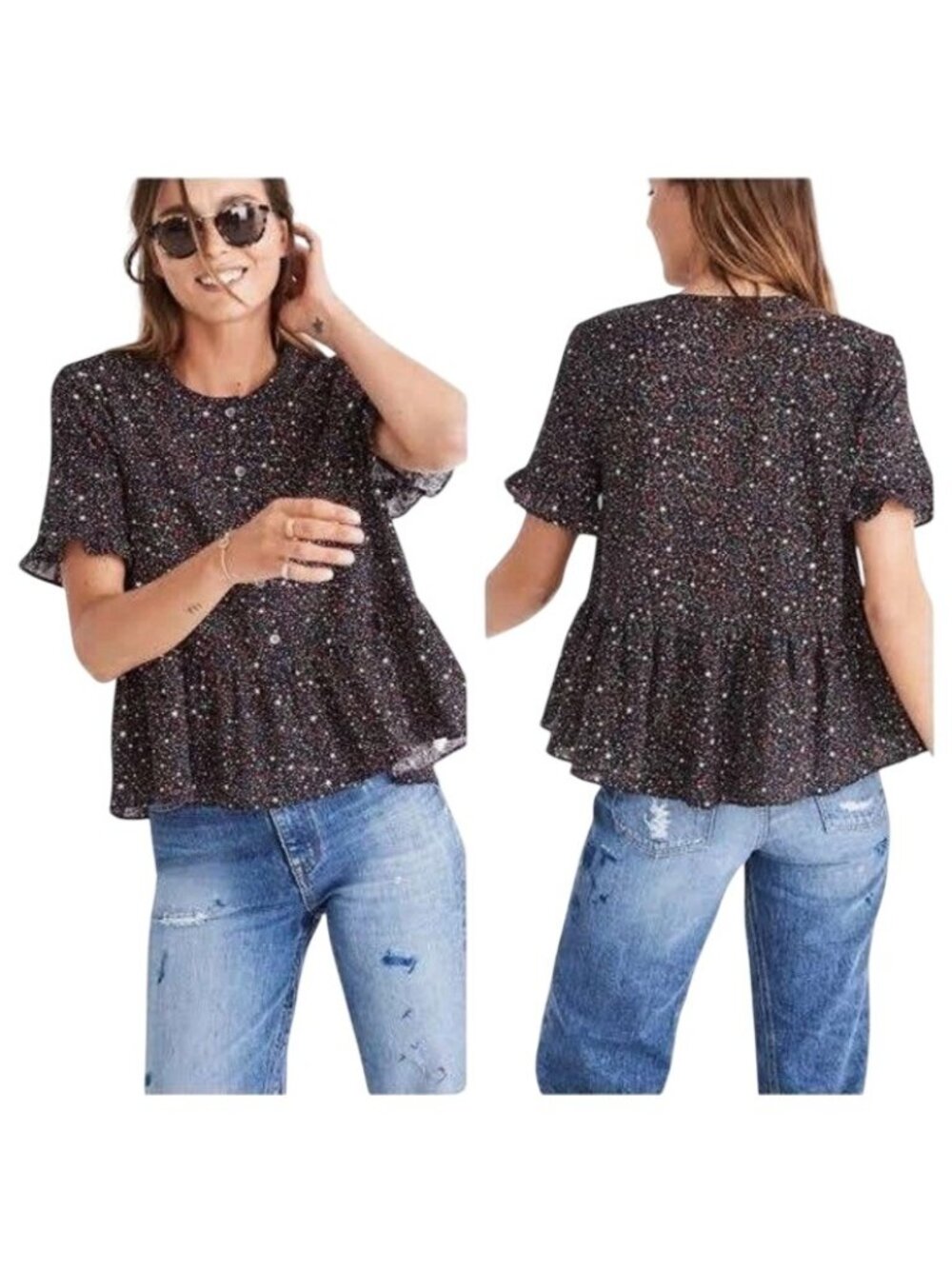 Madewell Studio Ruffle Hem Top XS Starry Night Cotton Peplum Blouse Retro 70s